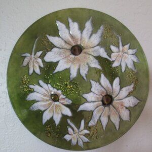 Large Sascha Brastoff Green and White Sunflower Enamel Plate 13.5"